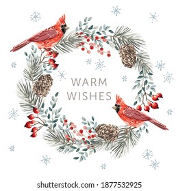 Christmas wreath with red cardinal birds, white background. Green pine, fir twigs, cedar cones, red berries, snowflakes. Vector illustration. Nature design. Greeting card, poster template. Winter Xmas