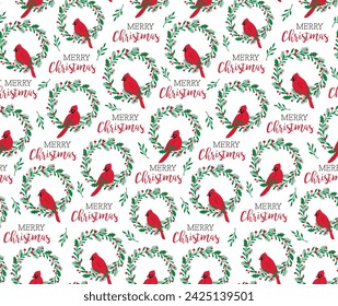 Christmas Wreath with Red Cardinal birds and Merry Christmas Text Seamless Pattern- Christmas Vector Illustration