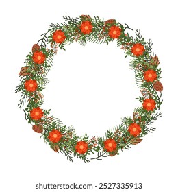 Christmas wreath with red flowers and pine cones flat color vector object. Holiday spirit radiating ornament illustration on white background