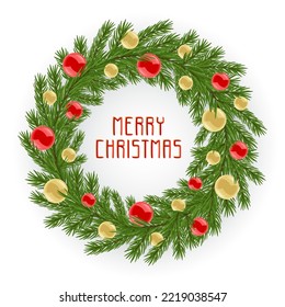 Christmas wreath with red and golden balls. Vector illustration.