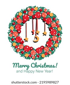 Christmas wreath with red and golden baubles covered by snow and celebration text isolated on white background Greeting card vector illustration 