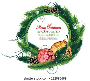 Christmas wreath with red and orange bauble and pine cones with white place for text