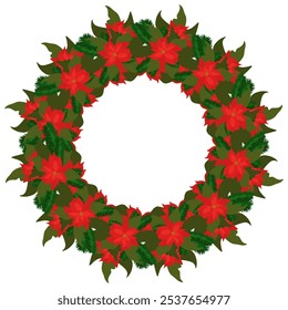Christmas wreath with red poinsettia flowers and spruce branches vector illustration for design
