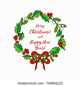 Christmas wreath of red poinsettia and leaves, mistletoe with red bow.