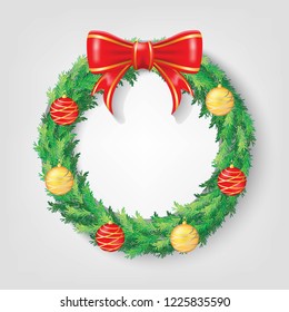 Christmas Wreath with Red Ribbon and Christmas balls Vectors design. Realistic Christmas ring illustration. Properties, decoration, and element for christmas and new year event