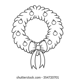 Christmas wreath with red ribbon and balls. Christmas theme. coloring book