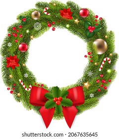 Christmas Wreath With Red Ribbon And Bow With Gradient Mesh, Vector Illustration