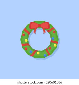 Christmas Wreath With Red Ribbon, Bow And Balls Isolated On Blue Background. Flat Style Icon. Vector Illustration.