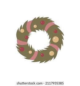 Christmas wreath with red ribbon. Decorated wreath of pine branches isolated on white background. Vector image