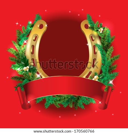 christmas wreath with red ribbon and golden horseshoe on a red background - Horseshoe Christmas Wreath christmas wreath with red ribbon and golden horseshoe on a red background - Horseshoe Christmas Wreath