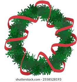 Christmas wreath with red ribbon illustration isolated with white background