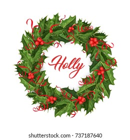Christmas wreath with red silk ribbons and berry holiday holly ilex winter decoration element. isolated vector illustration on a white background