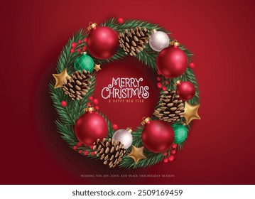 Christmas wreath red vector design. Merry christmas and happy new year greeting text in chaplet garland, xmas balls, spruce and gold stars elements. Vector illustration wreath xmas design. 
