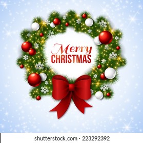 Christmas wreath with red and white baubles. Vector illustration.