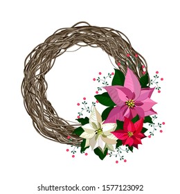 Christmas wreath with red, white and pink poinsettia. Happy New Year card. Vector background. 