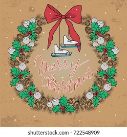 Christmas wreath of retro style. Christmas and New years holidays hand drawn illustration