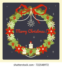 Christmas wreath of retro style. Christmas and New years holidays hand drawn illustration
