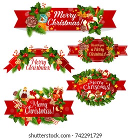 Christmas wreath ribbon banner for winter holidays celebration. Holly berry and Xmas tree branch with Santa bell, red ribbon and gift, star, candy and cookie, gingerbread man, sock and ball