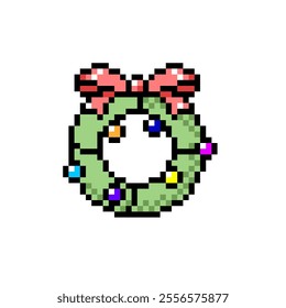 Christmas wreath with ribbon icon with colorful decorative lights in pixel art design isolated on white background, Christmas and New Year vector sign symbol.