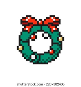 Christmas wreath with ribbon icon in pixel art design isolated on white background, Christmas and New Year vector sign symbol.