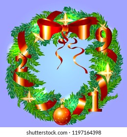 Christmas Wreath with ribbons, balls and bow isolated