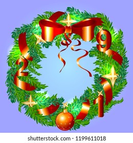 Christmas Wreath with ribbons, balls and bow isolated