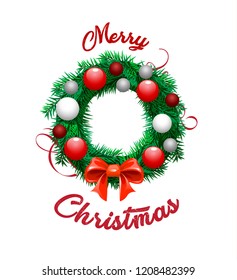 Christmas Wreath with ribbons, balls and bow isolated. Christmas wreath with red bow isolated on white background. Vector illustration.