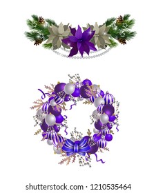 Christmas Wreath with ribbons, balls and bow isolated