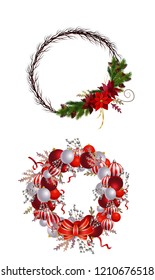 Christmas Wreath with ribbons, balls and bow isolated