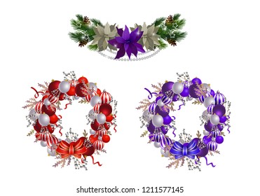 Christmas Wreath with ribbons, balls and bow isolated