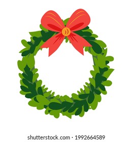 Christmas Wreath with ribbons, balls and bow. Christmas wreath of holly with red berries. New Year holiday celebration in December