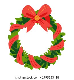 Christmas Wreath with ribbons, balls and bow. Christmas wreath of holly with red berries. New Year holiday celebration in December