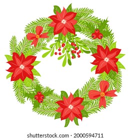 Christmas Wreath with ribbons, balls and bow. Christmas wreath of holly with red berries. New Year holiday celebration in December