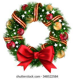 Christmas Wreath with ribbons, balls and bow isolated