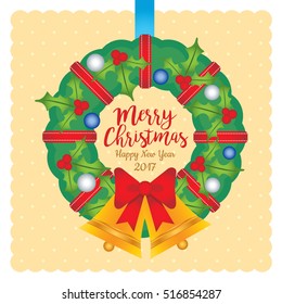 Christmas wreath with ribbons, balls, bow & bells on polka dot background. Christmas decoration in flat design.