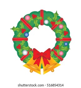 Christmas wreath with ribbons, balls, bow & bells isolated on white background. Christmas ornament in flat design.