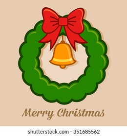 Christmas wreath with ribbons and bells, vector illustration