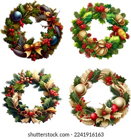 Christmas wreath with ribbons design vector cartoon template design in white background