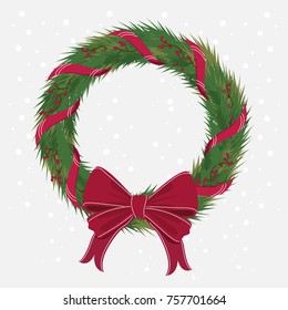 Christmas Wreath with ribbons with red bow. Decorated of pine branches in background white and snow. Vector