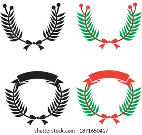 Christmas Wreath With Riboon Color And Vector Shilhouettes