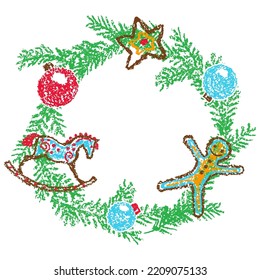 Christmas wreath and rocking horse  decor  Crayon hand drawing cartoon banner frame background  Fir tree branch  Fun doodle simple vector flat cartoon style  Pastel chalk pencil child painting
