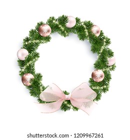 Christmas wreath, rose gold balls, glowing sparks and a pink bow. Golden shining sparks. White background. Realistic illustration. Vector EPS10.