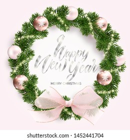 Christmas wreath, rose gold balls, glowing sparks and a pink bow. Golden shining sparks. White background. Realistic Vector illustration. The silver text. Merry christmas and happy new year wishes.