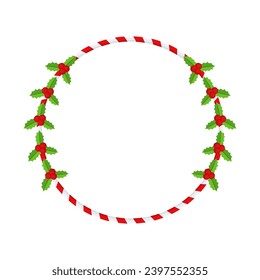 Christmas wreath. Round floral frame with decorations, candies and bells. Red bows, gift boxes and striped ribbons. Traditional winter garland. Flat vector illustration.