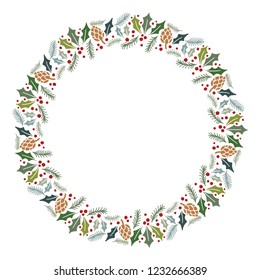 Christmas Wreath with Round Frame for Cards Design Vector Layout with Copyspace Can be use for Decorative Kit, Invitations, Greeting Cards, Blogs, Posters, Merry Christmas and Happy New Year.