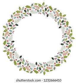 Christmas Wreath with Round Frame for Cards Design Vector Layout with Copyspace Can be use for Decorative Kit, Invitations, Greeting Cards, Blogs, Posters, Merry Christmas and Happy New Year.