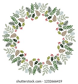 Christmas Wreath with Round Frame for Cards Design Vector Layout with Copyspace Can be use for Decorative Kit, Invitations, Greeting Cards, Blogs, Posters, Merry Christmas and Happy New Year.