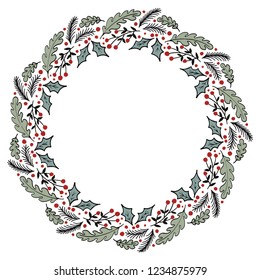 Christmas Wreath with Round Frame for Cards Design Vector Layout with Copyspace Can be use for Decorative Kit, Invitations, Greeting Cards, Blogs, Posters, Merry Christmas and Happy New Year.