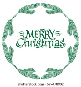 Christmas wreath. Round frame made of fir branches and lettering Merry Christmas. Outline vector illustration isolated on white background for greeting cards, invitations and other items.