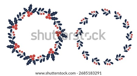 Christmas Wreath Round Frames with Holly and Berries Set. Isolated Traditional circular empty frame with copy space, holiday design template. Vector illustration for Xmas invitations, card Not AI